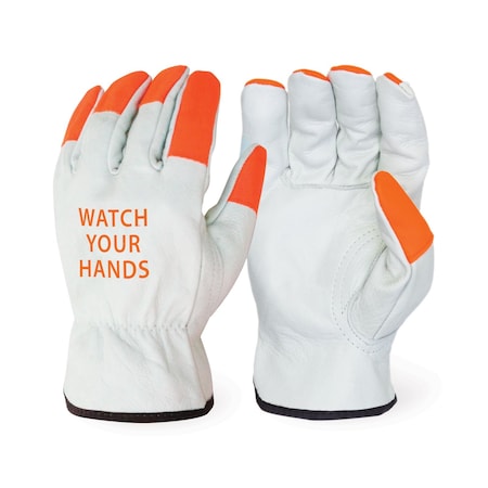 Hi-Viz Watch Your Hands, Select Grain Cowhide Driver, Size: XL, 12 Pairs/PK